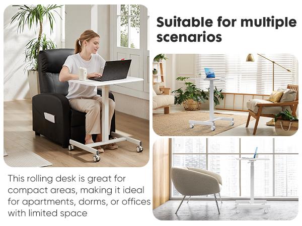 HomeSquad Portable Rolling Workstation- Adjustable Standing Desk with Wheels- Mobile Laptop Cart- Rolling Podium Stand- Adjustable Height Overbed Table