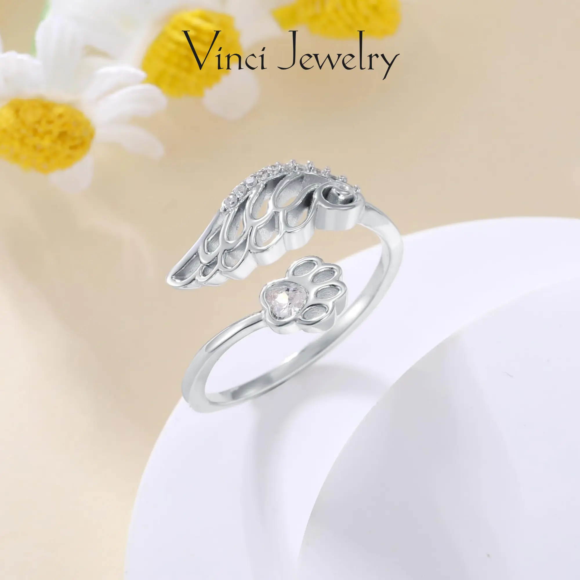 925 Angel Wing and Paw Print Open Ring with Cubic Zircon Design, Adjustable Elegant and Cute Sterling Silver Ring Jewelry for Women, Protection Perfect for Daily Wear