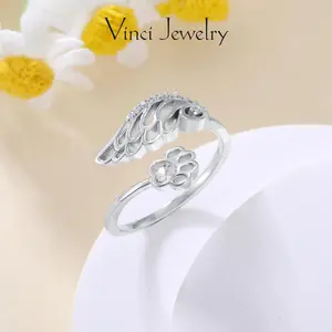 925 Angel Wing and Paw Print Open Ring with Cubic Zircon Design, Adjustable Elegant and Cute Sterling Silver Ring Jewelry for Women, Protection Perfect for Daily Wear