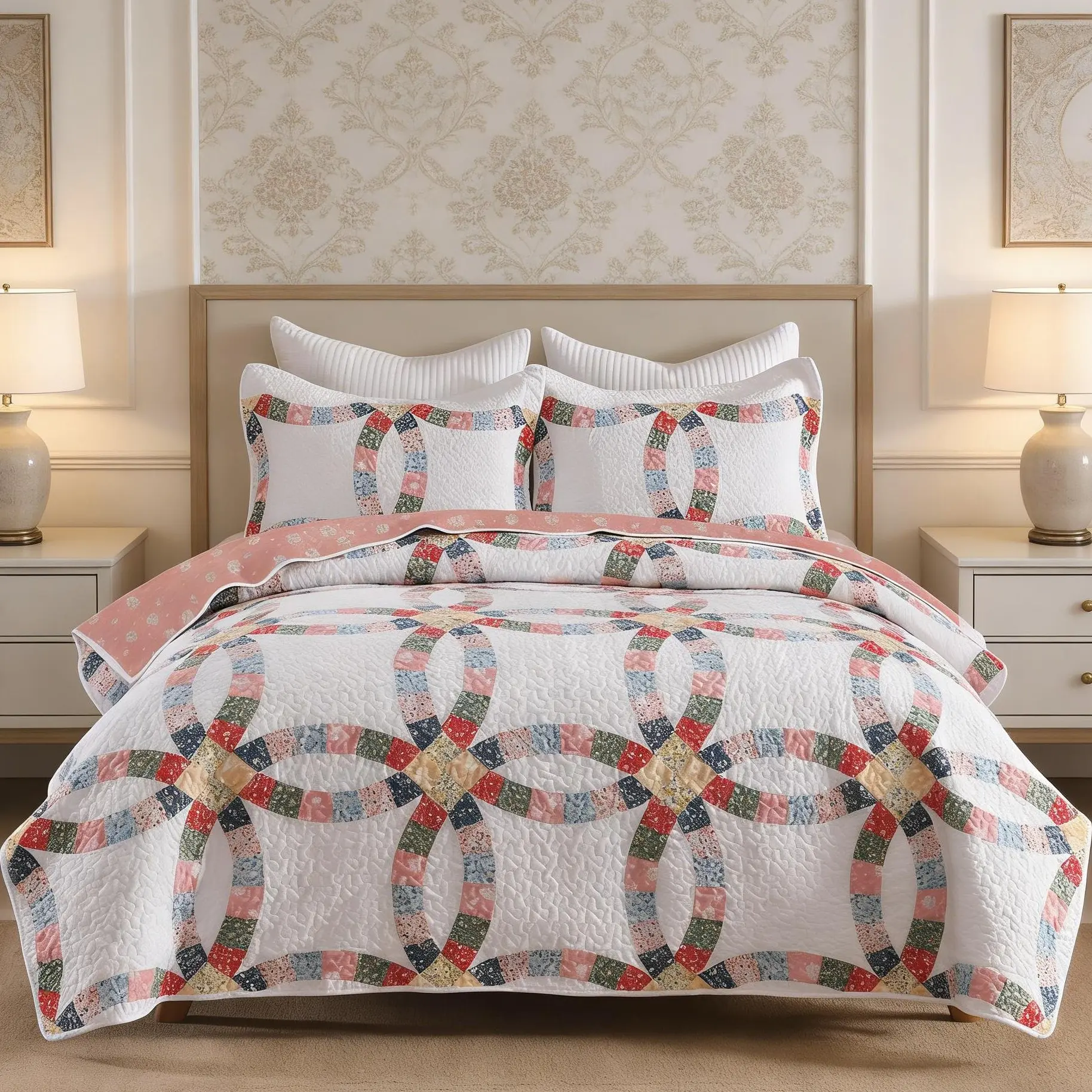 3-Piece Double-Ring Patchwork Quilt Bedspread Set, Cotton Reversible Floral Comfy Bedding for All Seasons (Patchwork Quilt Sets Included), Comfy Bedding Set