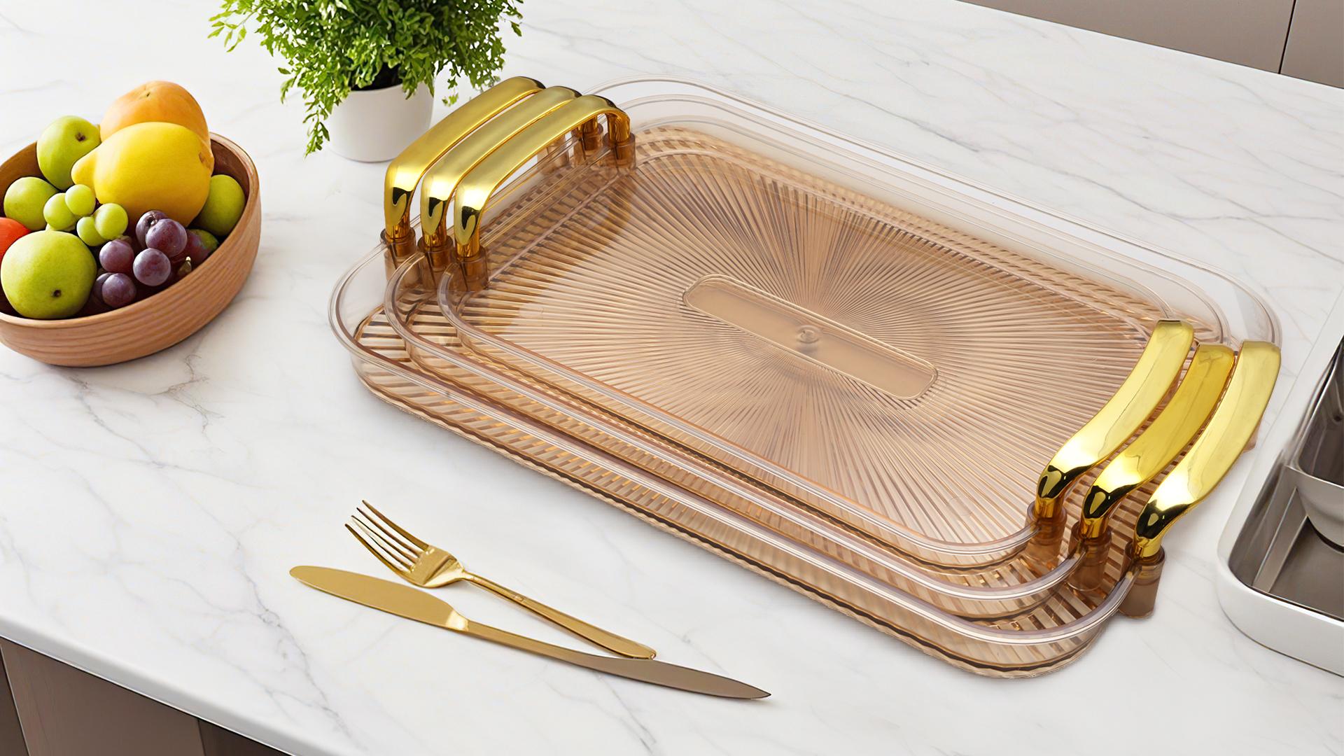 3 Pack Serving Tray with Handles Stackable Reusable Trays for Serving Food Plastic Serving Platters for birthday Party Charcuterie Fruit Appetizer BBQ Pool snacktray  festive party platter Mother's day gift