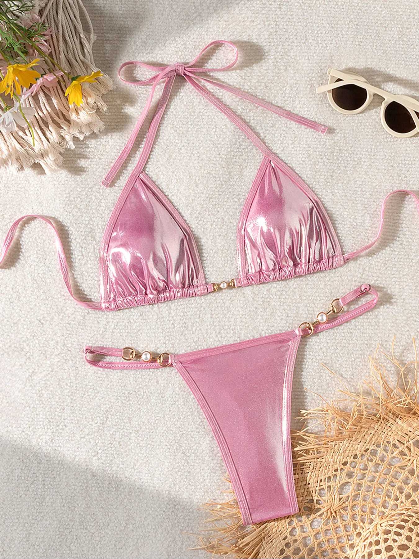 Women's Metallic Faux Pearl Decor Bikini Set, Elegant Halter Triangle Swim Bra & Thong Set for Beach, Fashion Chic Bathing Suit for Summer, Swimsuit Style Bikini, Bikini Outfits, Triangle Bikini Top Swimwear Sets