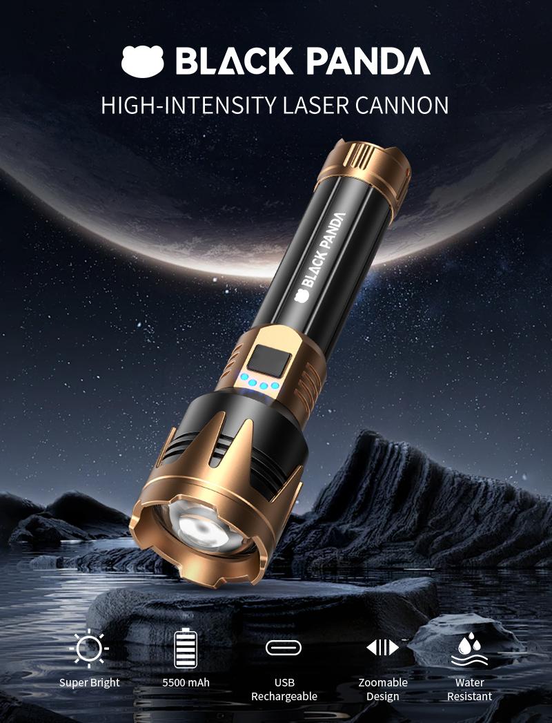 Black Panda Pro High-Brightness Rechargeable Camping Flashlight, Outdoor Searchlight, 5500mAh Battery Capacity, Water resistant , USB Charging, Zoomable Focus