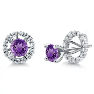 Gem Stone King Studs with Removable Jackets for Women | 925 Sterling Silver | Gemstone Birthstone and White Moissanite Earrings | Center Round 5MM | Fine Jewelry Gifts for Women Mom Wife Her