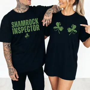 [100% Cotton] Retro St Patricks Day Couple T-Shirt Girlfriend Boyfriend Matching Shamrock Graphic Tee, St Paddys Day 2025 Shirt Funny Couples Outfit Gift