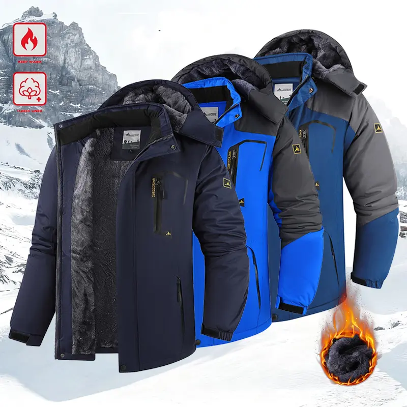 Men's Colorblock Outdoor Sports Jacket - Thermal Lined Wind Resistant Winter Outerwear with Faux Fur Hood, Fitted Fleece-Lined Long Sleeves, Thermal Lined Outerwear