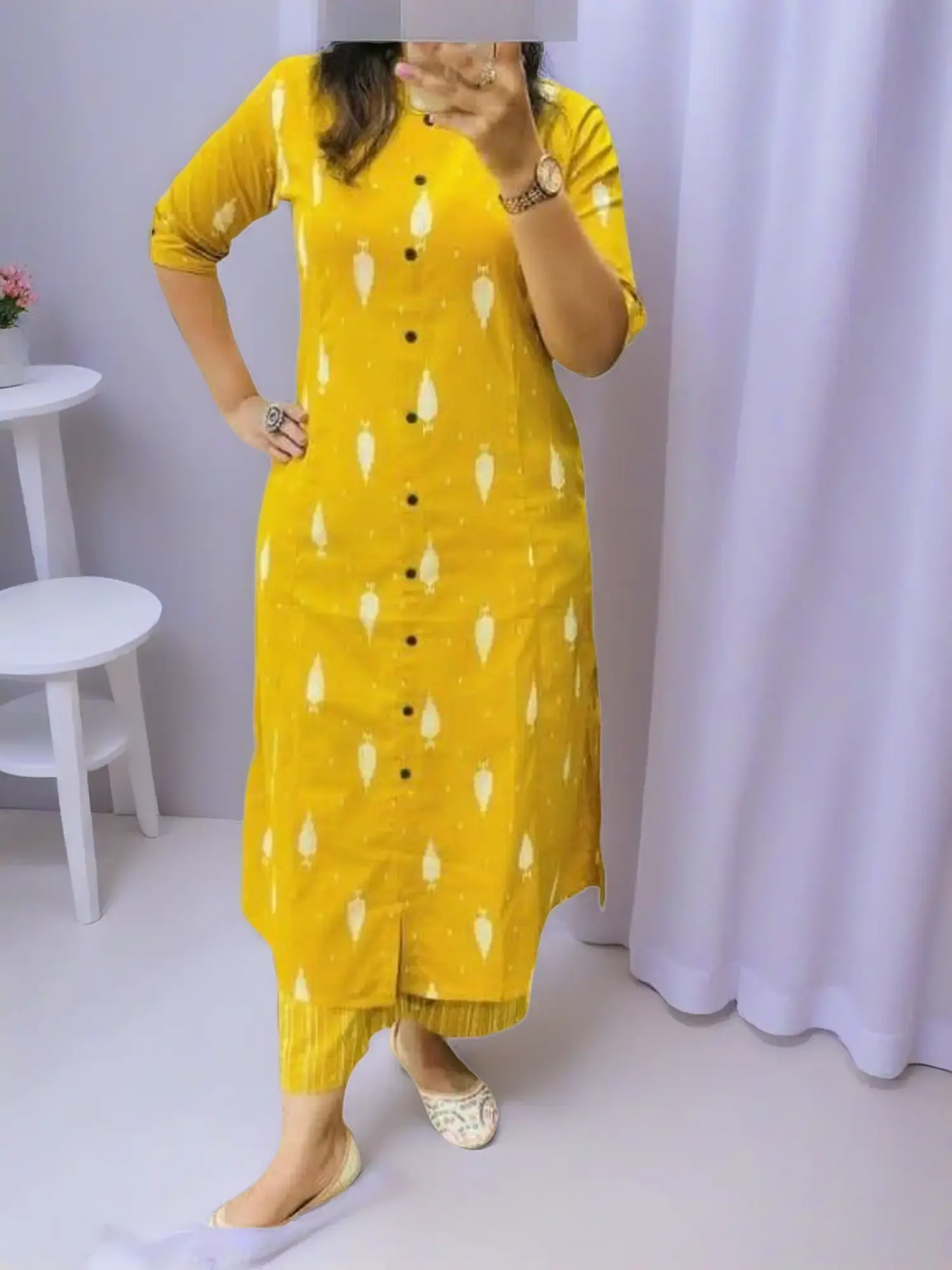 Women's Designer Fashion 2-Piece Cotton Printed Co-Ord Set - A-Line Kurti Top with Sleeves, Ankle-Length Regular-Fit Bottom Pants, Breathable Fabric for Summer Casual Style