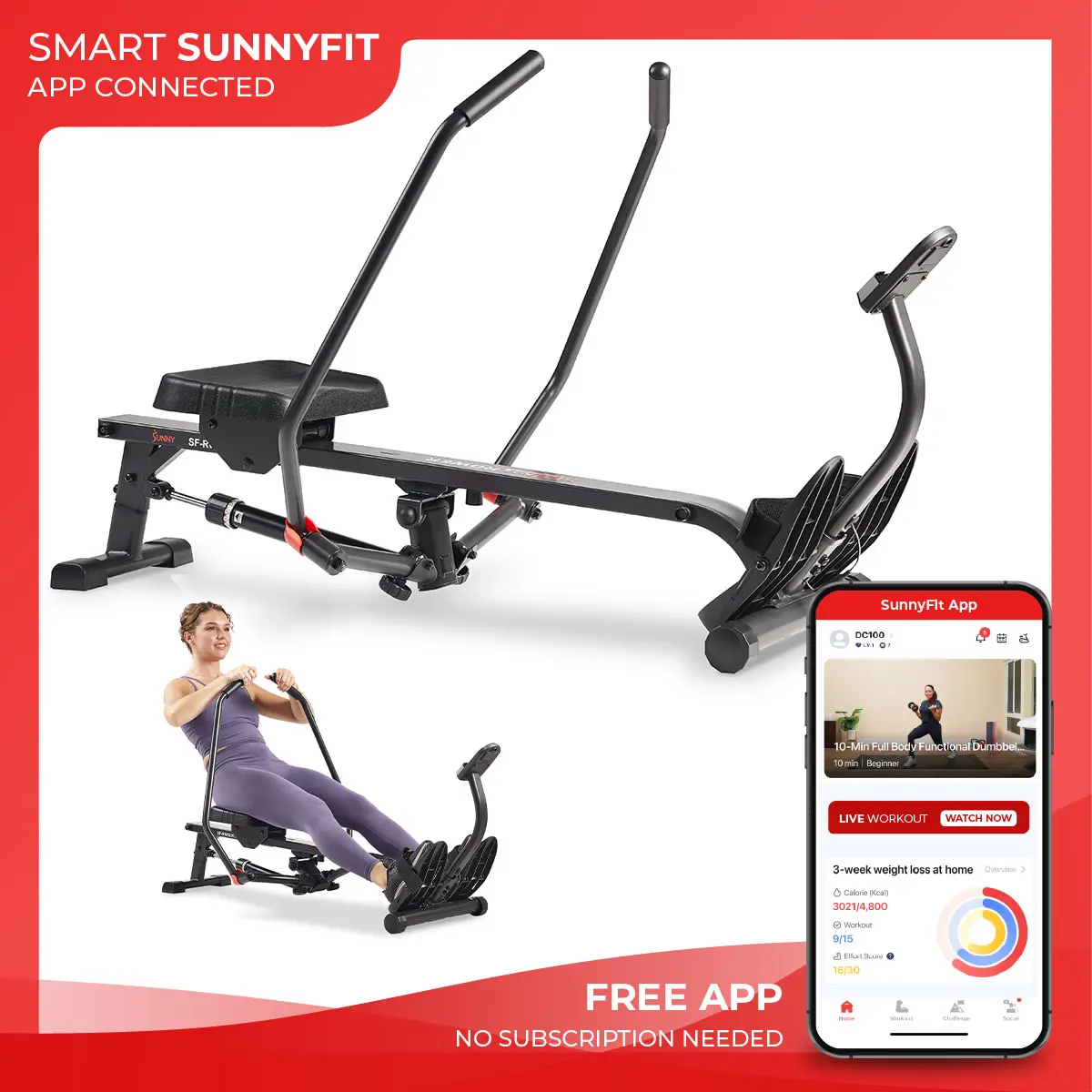 SUNNY Smart Full Motion Rowing Machine Whole Body Workout Home Gym Fitness Equipment with 360 Degree Full Range Motion 12 Adjustable Resistance Levels Performance Monitor Low Impact Training for Core Arms Legs Glutes Back and 350 lbs Capacity