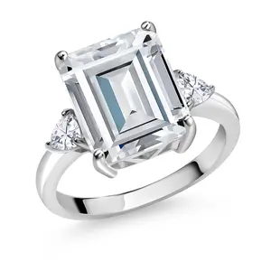 Gem Stone King 5-7 Ctw Gemstone Birthstone and Moissanite 3-Stone Ring for Women | 925 Sterling Silver | Emerald Cut 12X10MM | Wedding Anniversary Engagement Ring