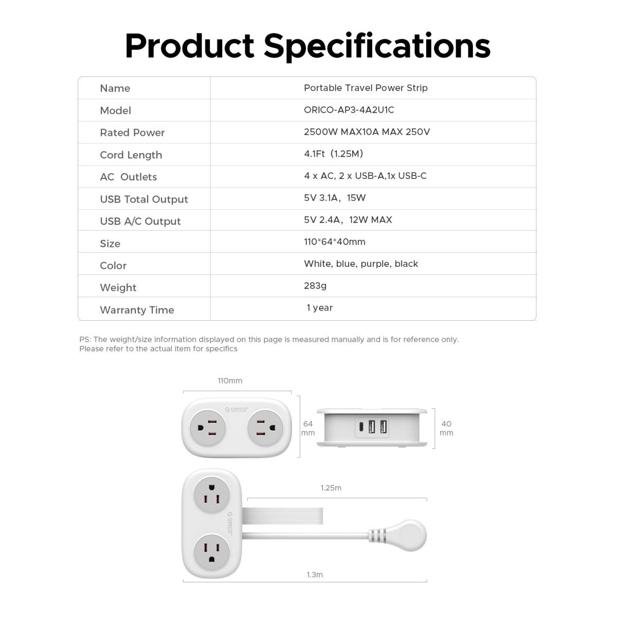 Travel Power Strip, ORICO 4 Outlets 3 USB Ports (1 USB C) with 4FT Wrapped Short Extension Cord Small Power Strip, Compact for Hotel Travel Essentials Cruise Approved