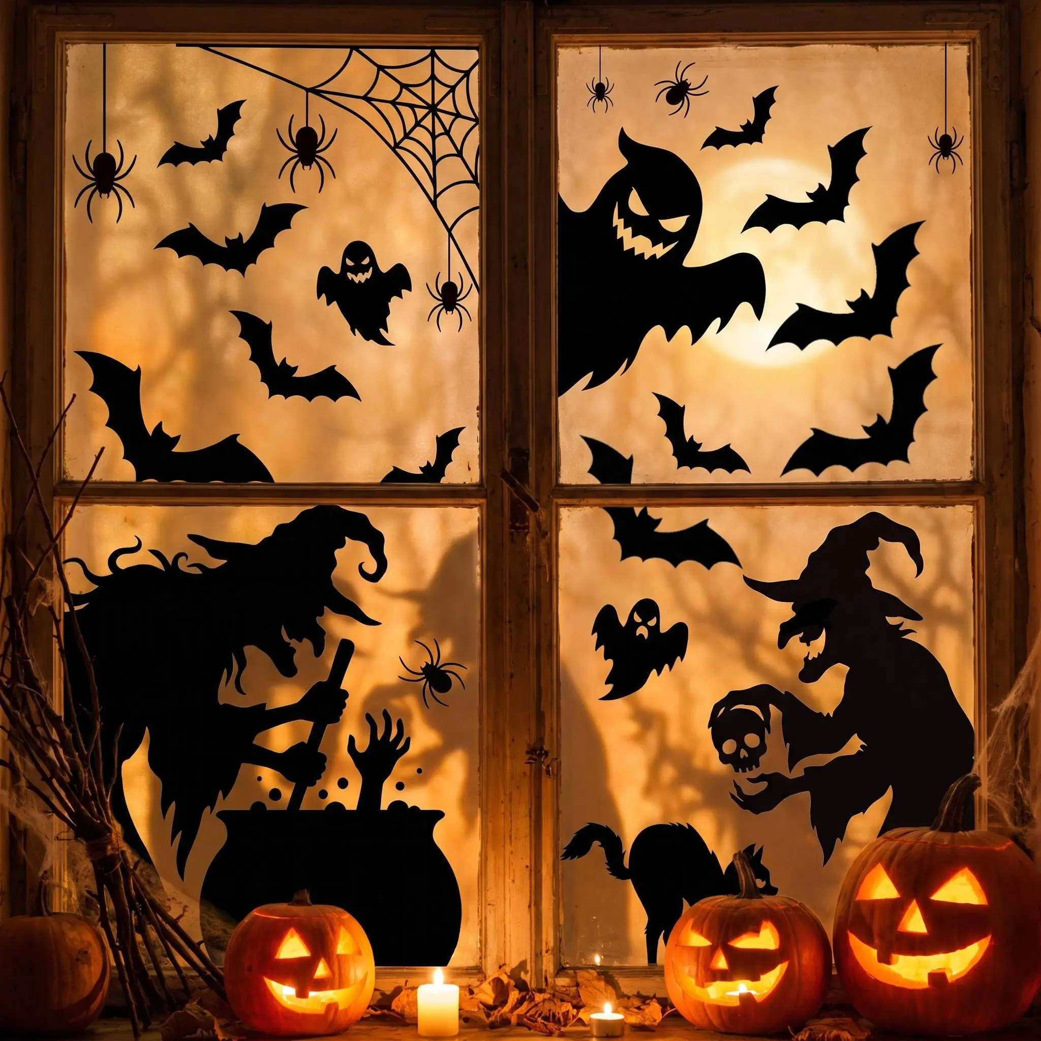 4 Sheets Large Halloween Window Clings Decorations, Spooky Scary Witch Silhouette Window Stickers Decals, Halloween Window Silhouettes Decor For Glass Windows, Indoor Outdoor Halloween Window Decor Supplies, Party Favor For Home Door Wall Stickers
