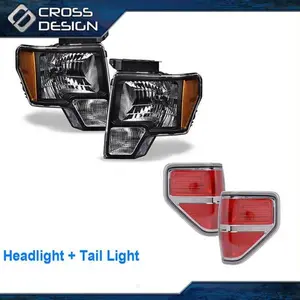 CROSSDESIGN Black Headlights & Red Tail Lights Brake Lamps Fit For 09-14 Ford F150 Pickup