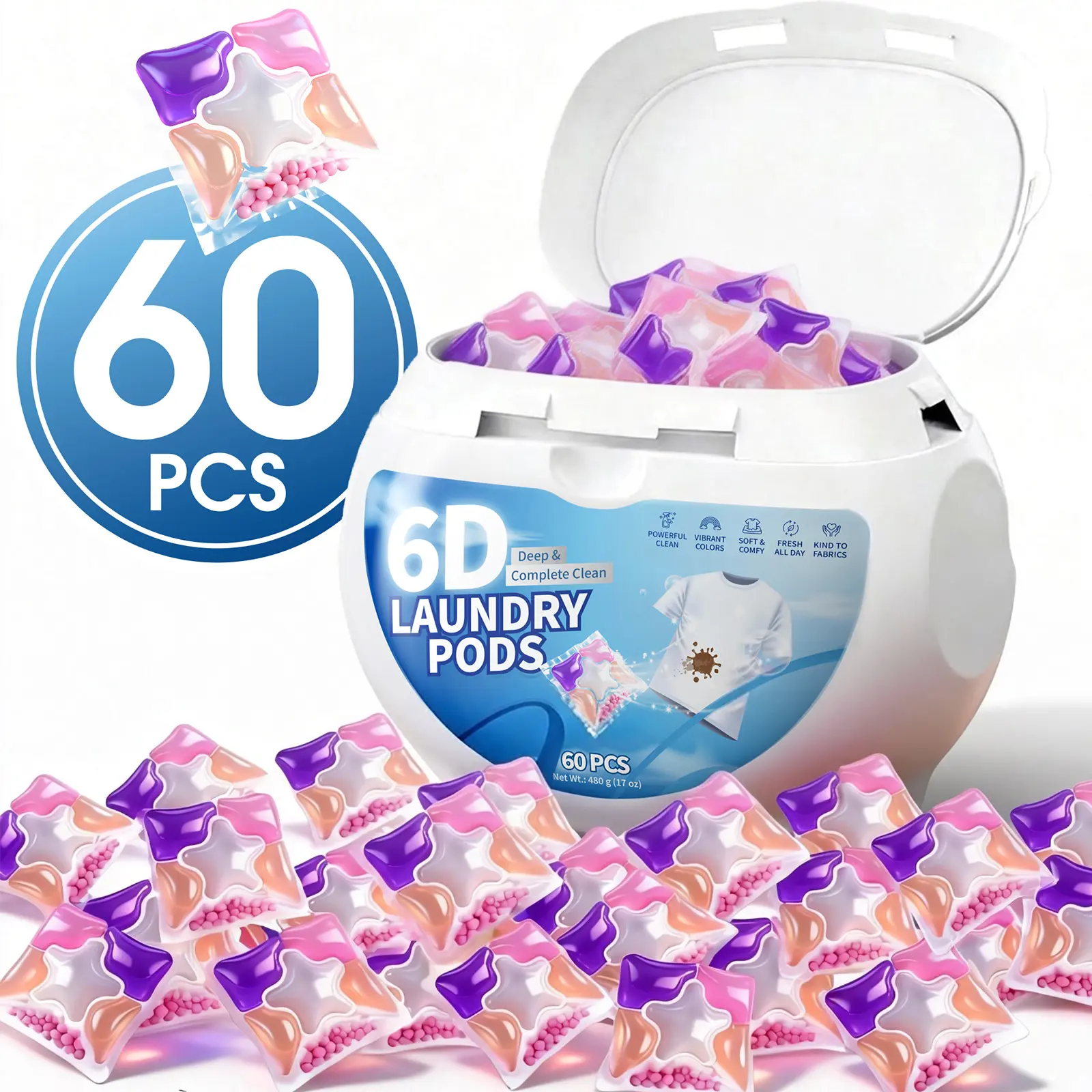 60 Pack 6-in-1 Laundry Detergent Pods, Powerful Stain Fighting Laundry Pods with Odor Removal, Brightening & Long-Lasting Fresh Scent, Quick Dissolving Capsules for Cold or Hot Wash, Safe for HE & Standard Washing Machines