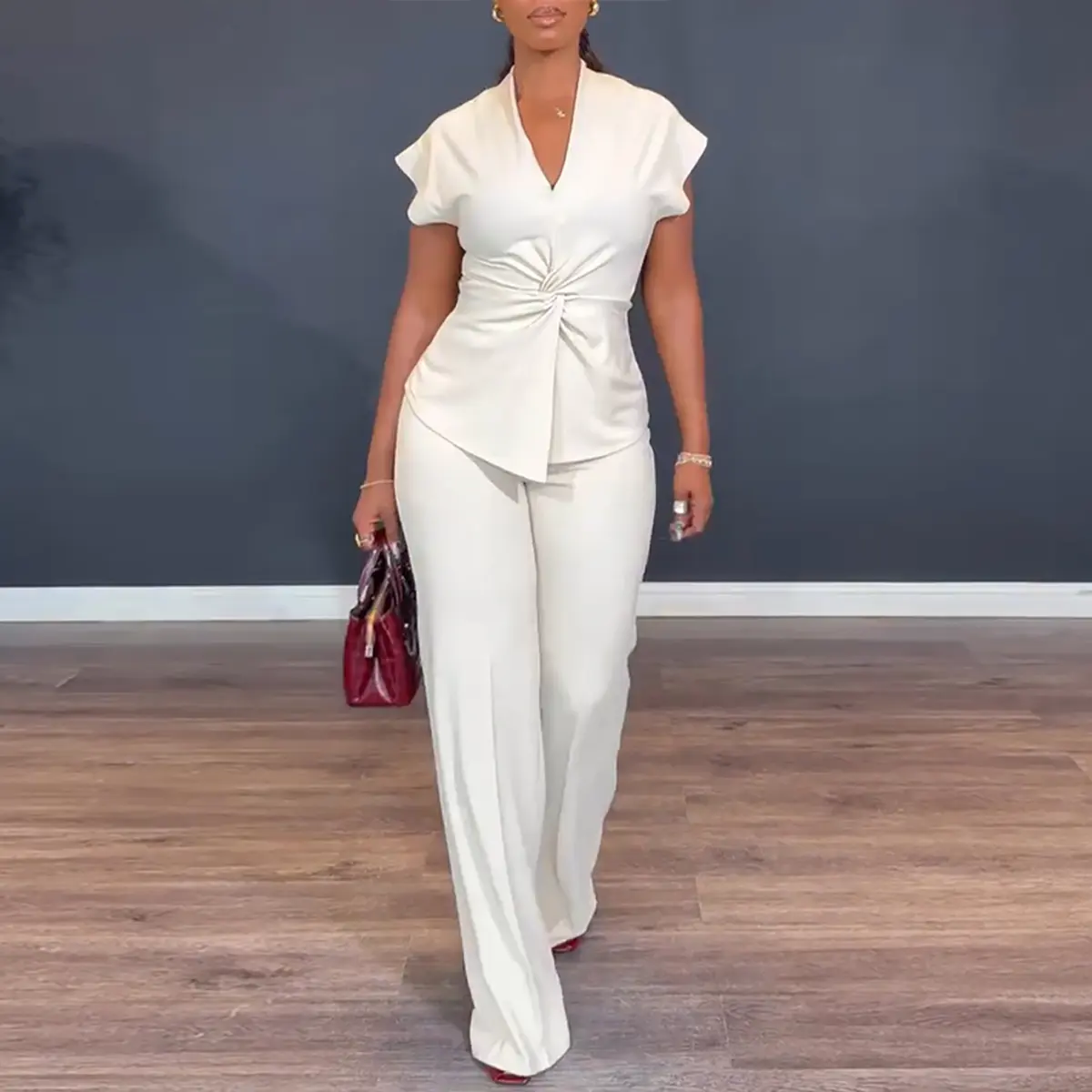 CHICME Women's 2 Pieces Outfit V-Neck Short Sleeve Twist Front Zipper Back Top & Elastic Waist Straight Leg Pants Set - Business Casual Commuter Set