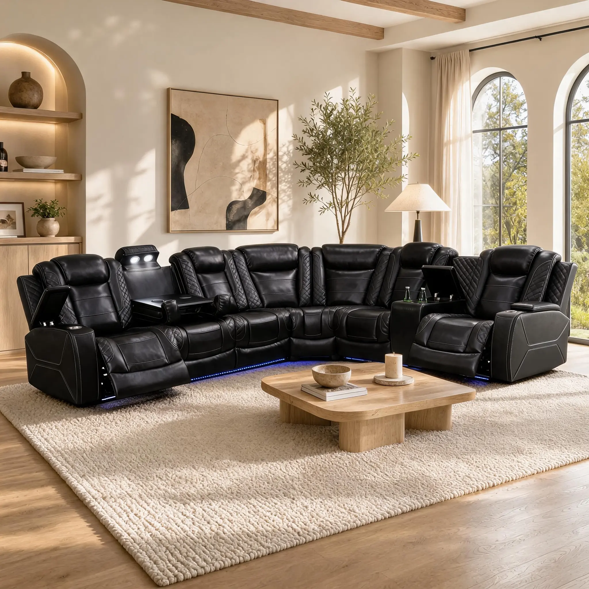 Ainehome Power Reclining Sectional Sofa for Living Room Furniture.Luxurious Black Leather Recliner Sectional Couch L ShapedSofa Home Theater with Storage Console/Drop-DownTable/LED Light
