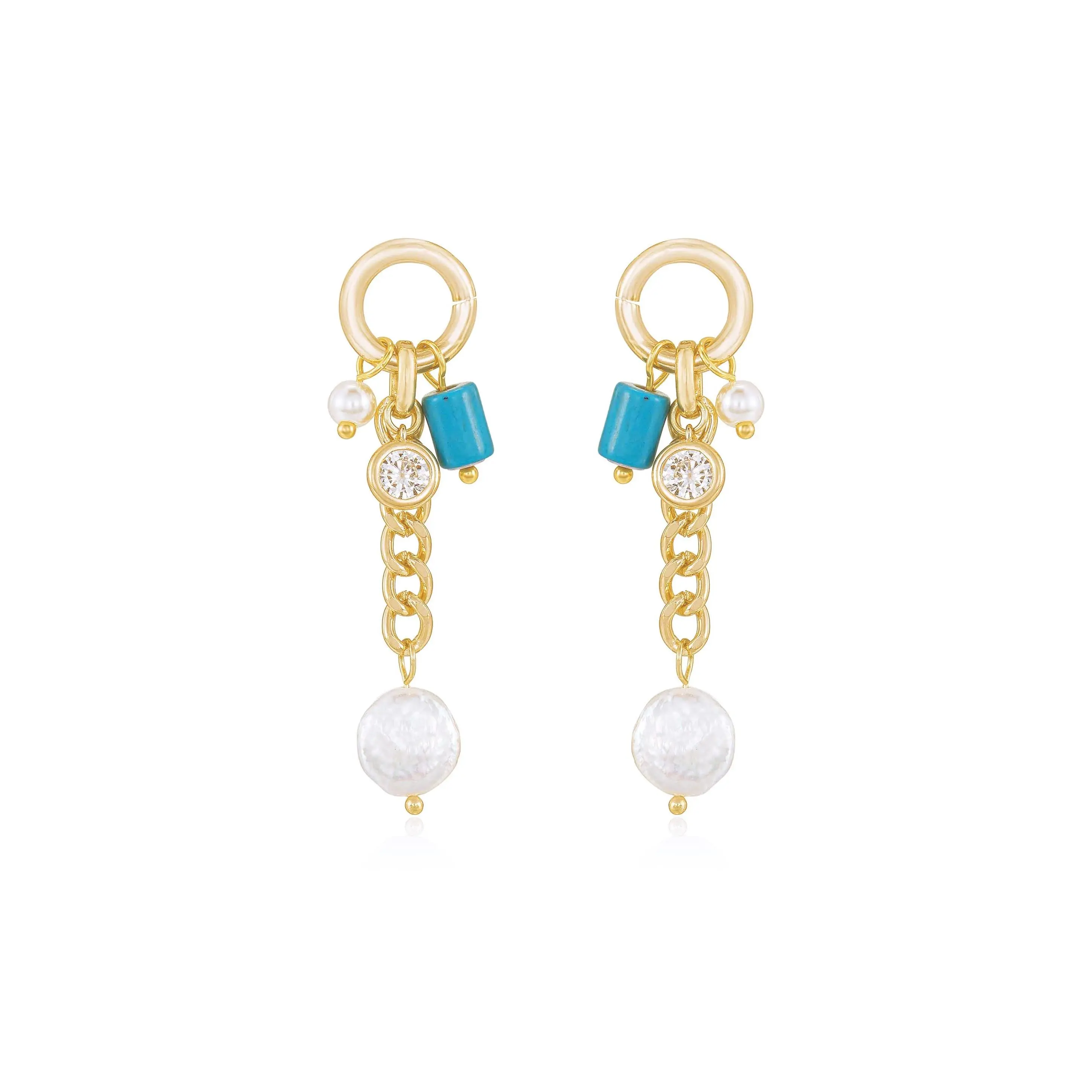 Ettika Pearl and Charm Dangle Earrings with Gold Frame and Turquoise Accents, Featuring Pearl and White Beads