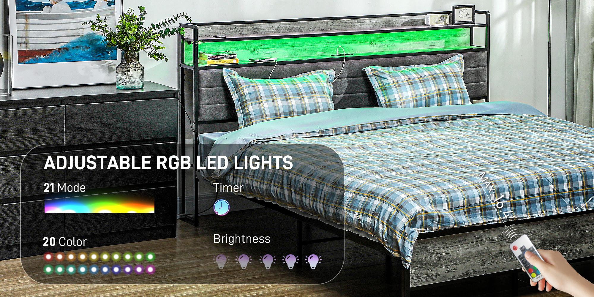 HOMCOM Bed Frame with Storage Headboard, Platform Bed Frame with LED Lights, Charging Station, Steel Slats, Noise-Free & Easy Assembly, No Box Spring Needed