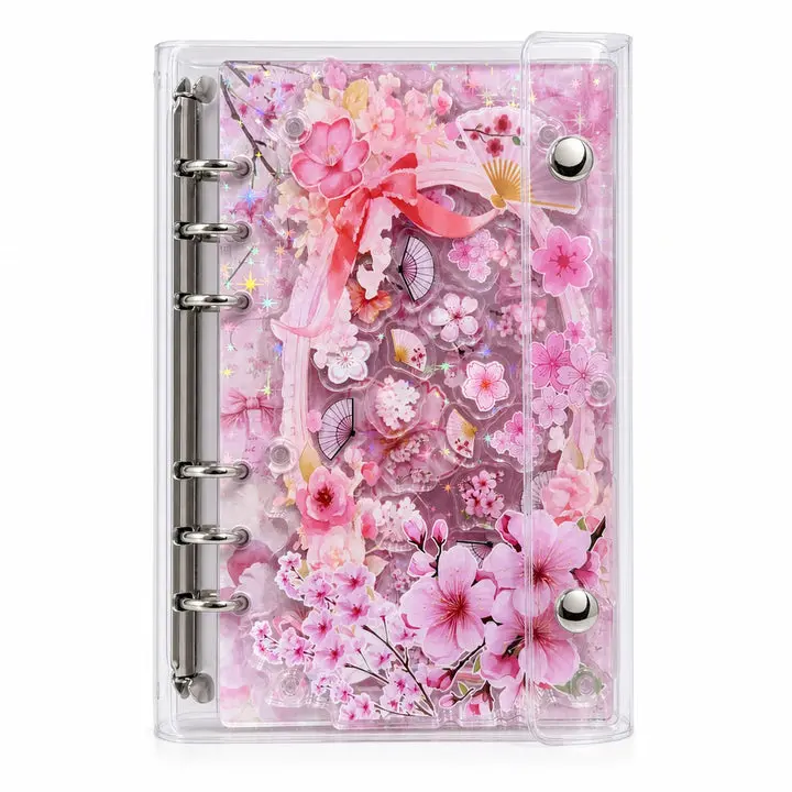 A6 Refillable Shaker Binder Notebook with Cherry Blossoms Shaker Cover, Acrylic Panel, Page Replacement, Photo Sleeves - Gift-Ready Stationery Supplies, Journaling Supplies for Office Use and school use