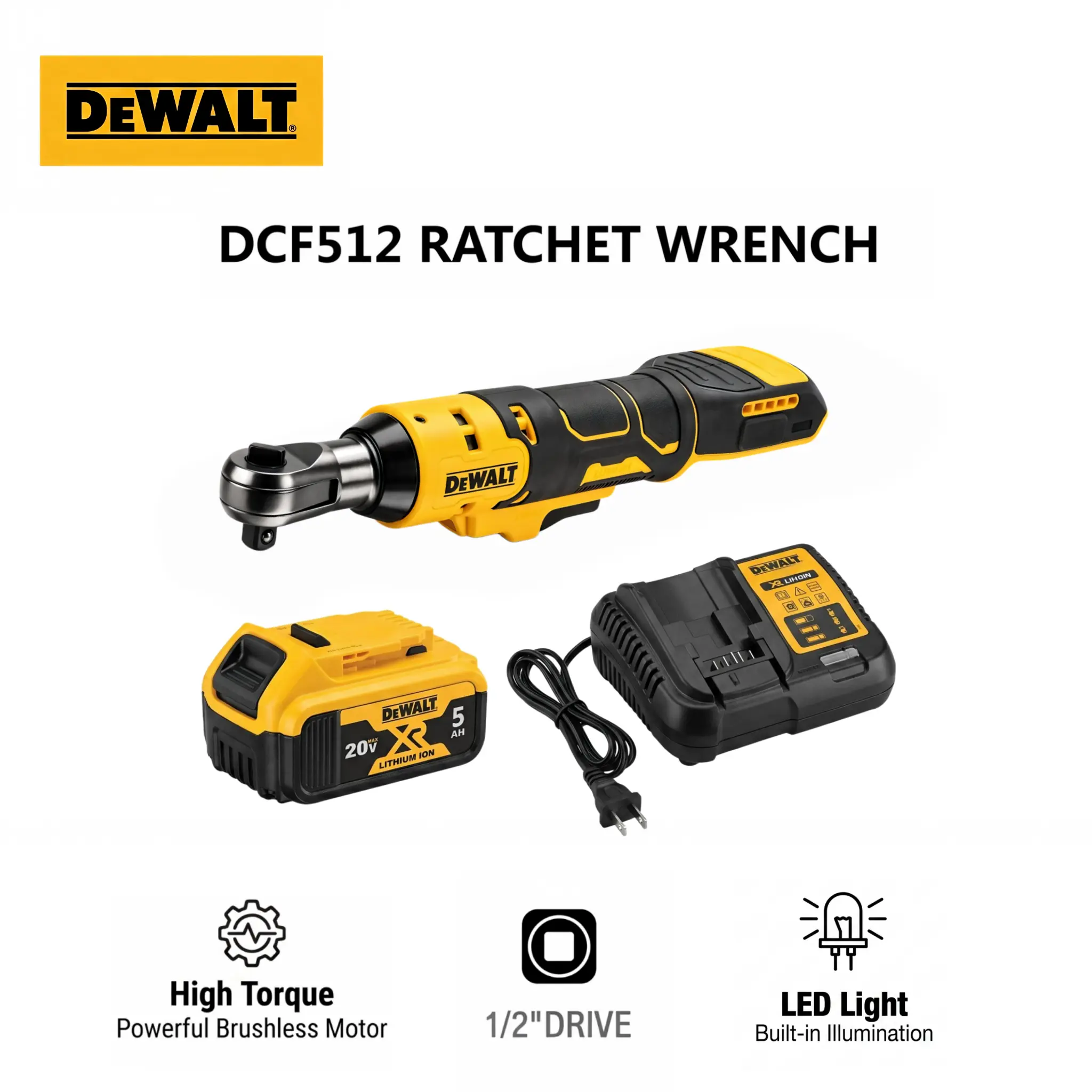 DEWALT DCF512 1/2 in Square Drive Cordless Ratchet Wrench - Brushless Motor, 95Nm Torque, Forward-Reverse Switch, LED Light, Safety Trigger Lock, Lightweight Tool for Auto Service, Tight Area Bolting