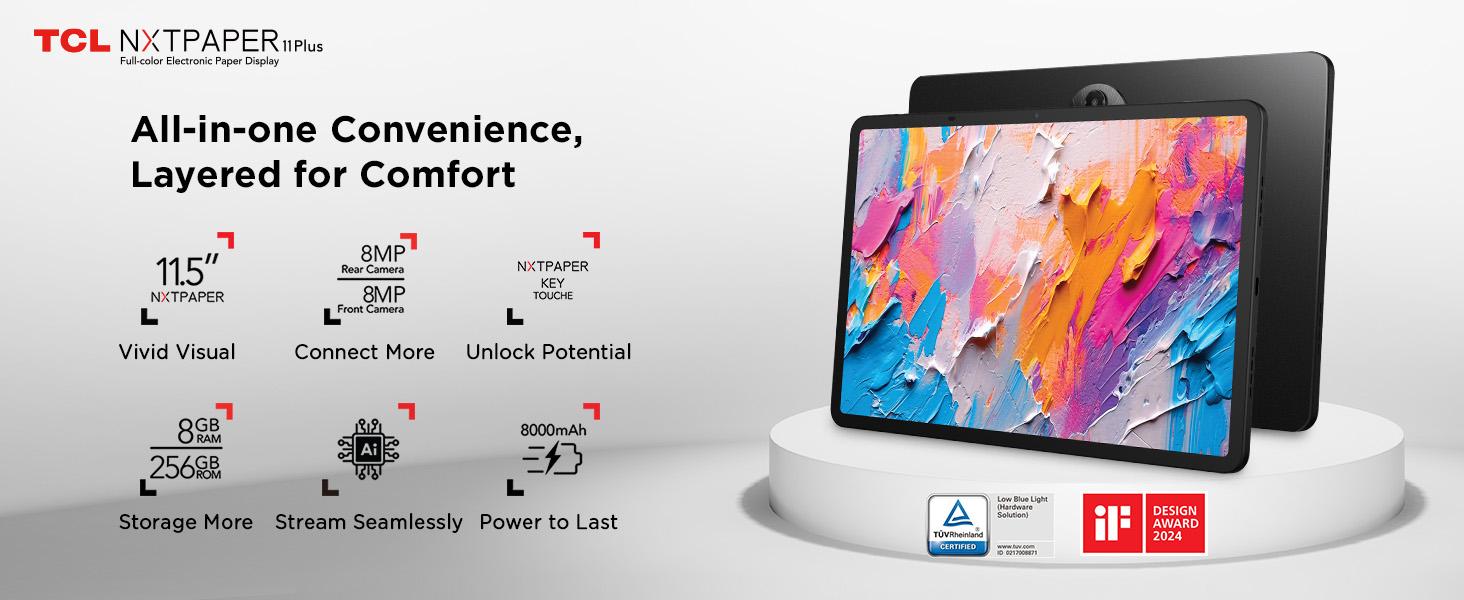 Bellona TCL NXTPAPER 11 Plus Android Tablet | 11.5" 120Hz 2.2K Drawing Pad w/ Stylus, NXTPAPER 4.0, AI Tools, 8+8GB RAM, 256GB Storage, 8000mAh (Onyx Black)