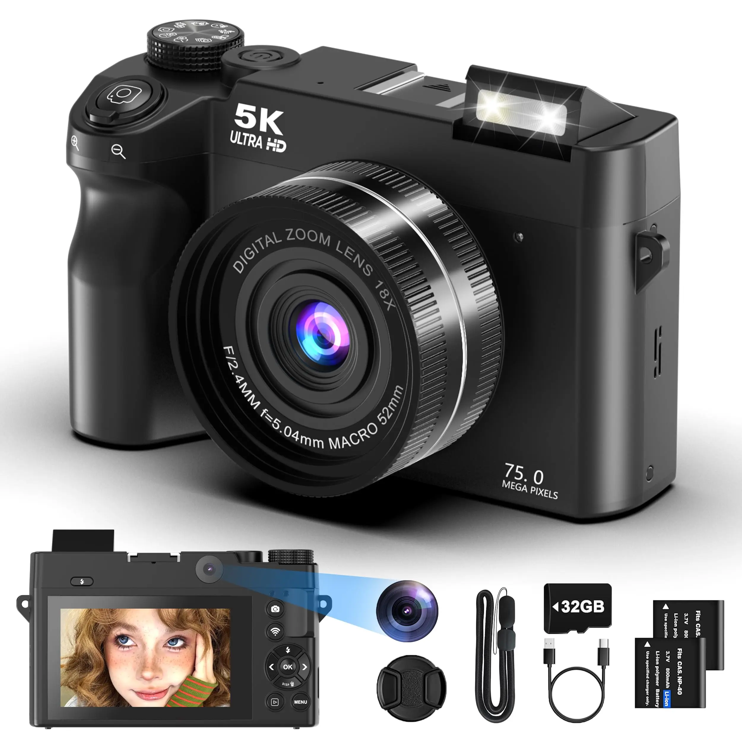 5K Digital Camera, 75MP, 3" 180° Flip Screen, 18X Digital Zoom, WiFi, Autofocus, Fill Light, 32GB SD Card, 2 Batteries, Point and Shoot Camera for Photography and Vlogging