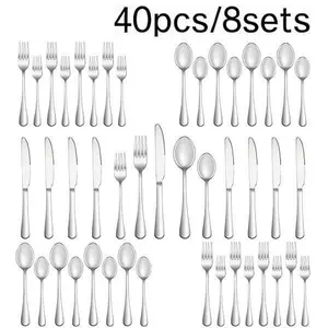 40-piece stainless steel mirror-polished cutlery set, dishwasher safe, with a surface that resists stains. The mirror polishing process enhances the tableware's premium, while the minimalist design complements various dining table styles. spoon dinnerware