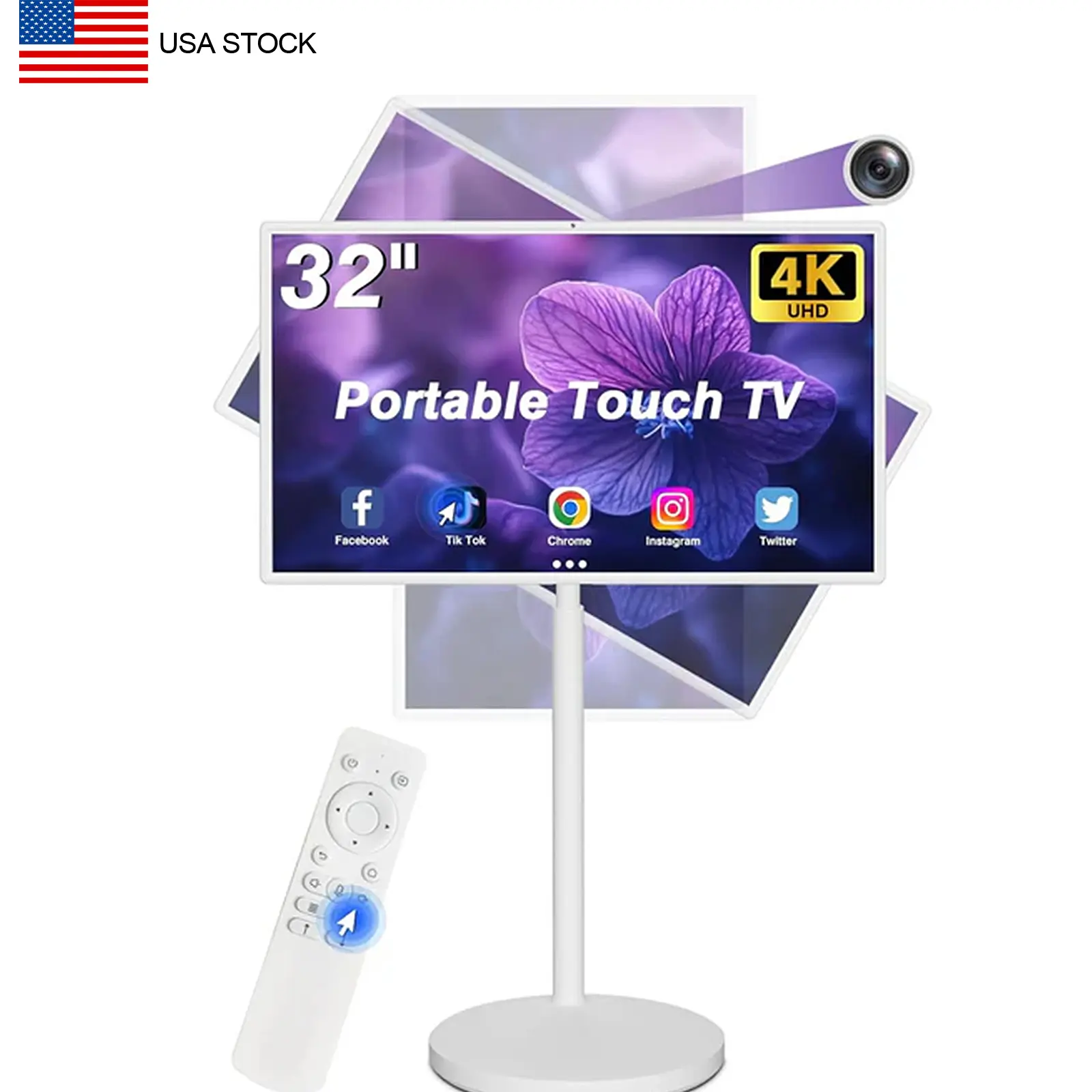 32"Smart Portable TV,Built-in Battery, 8+128GB, Android OS, Rolling Touch Screen Monitor on Wheels, Air Remote Mouse, With Buit-In Camera