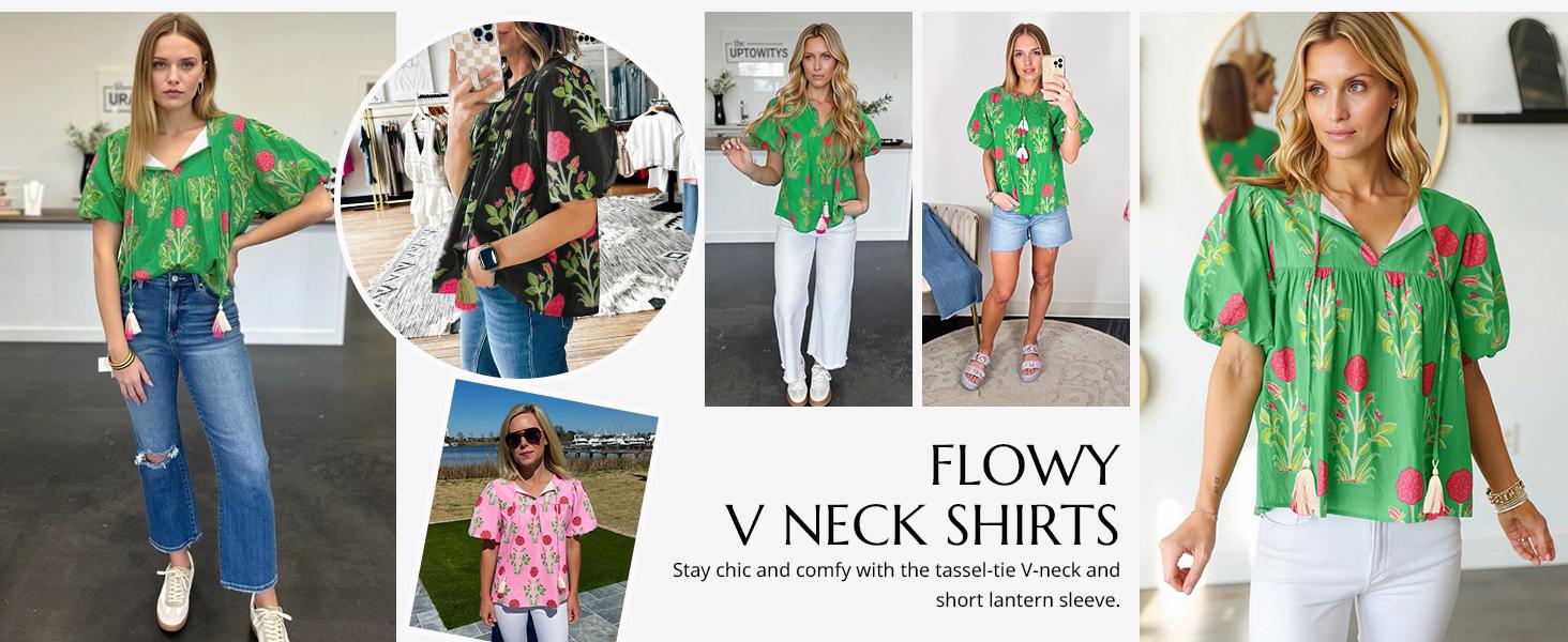 Cicy Bell Womens Boho Floral Blouses Short Puff Sleeve V Neck Babydoll Shirts Flowy Tie Front Tops