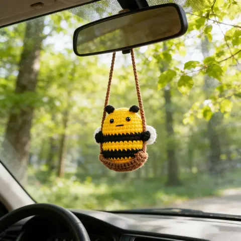 Handmade Amigurumi Bee Car Hanging Decor - Swinging Sunshine Crochet with Cute Wings, Vehicle Decoration, Character Decorations Hanging Decor, Mirror-Ready Charm, Enhances Interior Aesthetic, Gift for Friends and Family