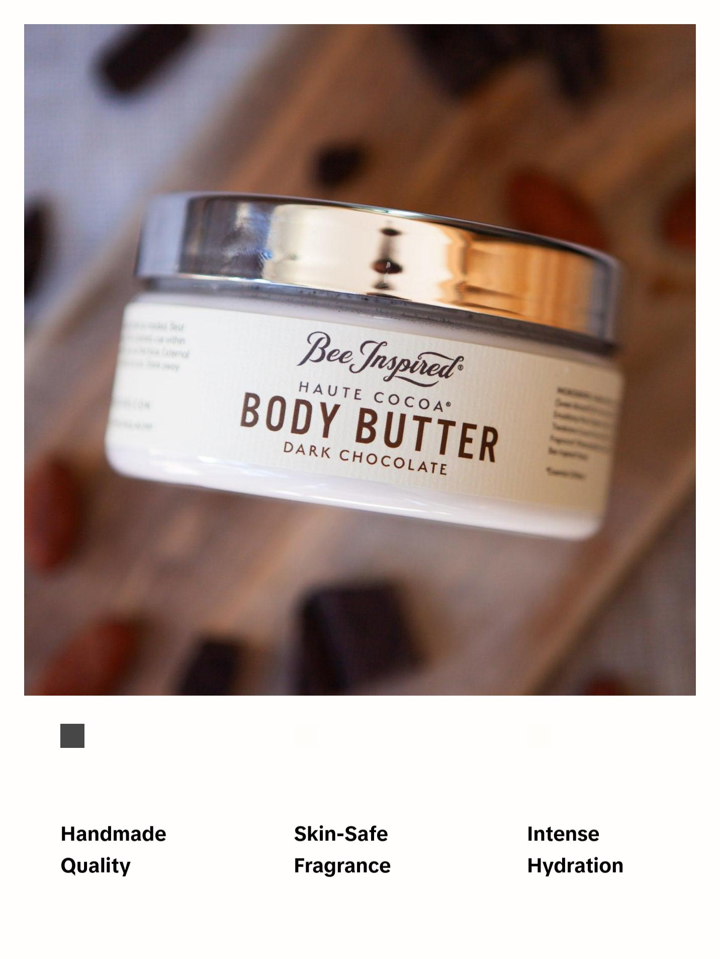 BeeInspired Haute Cocoa Honey Body Butter - Dark Chocolate Scented, 7 oz, Moisturizer for All Skin Types, Handmade in America, Free of Petrochemicals & Dyes