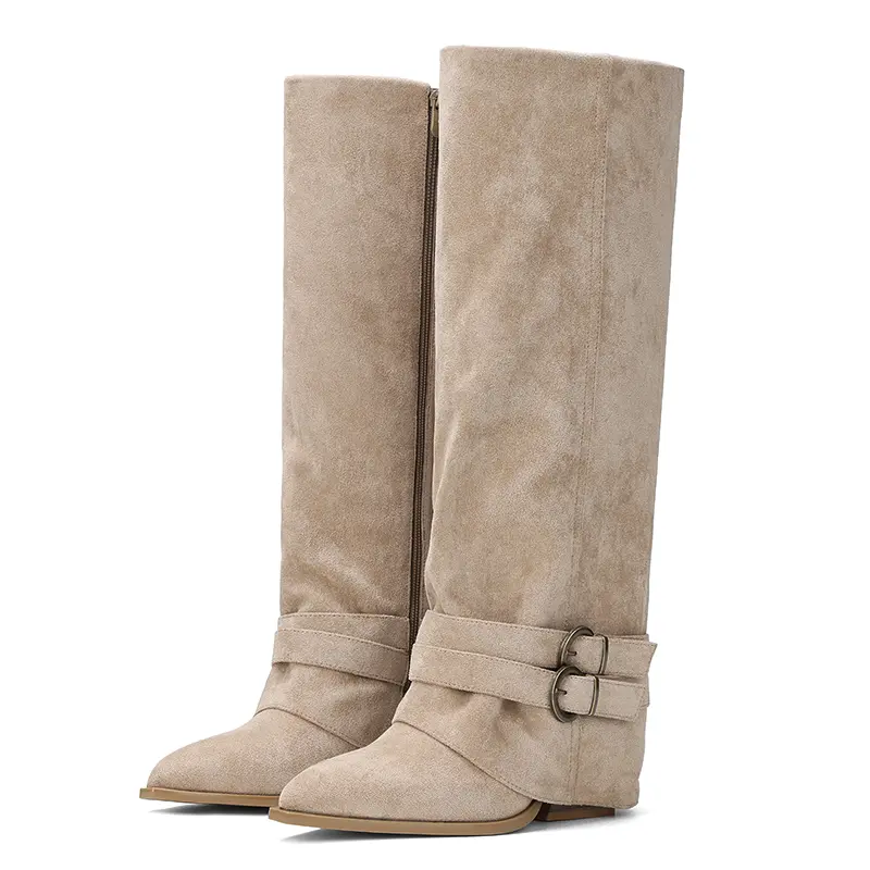 Knee High Boots Women Fold Over Chunky High Heel Wide Calf Pointed Toe Boots Belt Buckle Fall Long Boot for Women