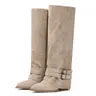 AOSPHIRAYLIAN Women's Wide Calf Knee High Boots - Pointed Toe, Chunky Block Heel, Belt Buckle Fold-Over, Buttons Accent PU Leather Footwear - Basic Casual Minimalist Rubber Sole All Seasons Shoes