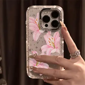A Luxurious Pink Lily Phone Case Adorned with Rhinestones, Featuring a Transparent Sparkling Star Border And Shockproof Design, Compatible with Iphone 17 Pro Max, 17 Air, 16, 15, 14 Plus, 13, 12, And 11. Perfect As a Christmas Gift