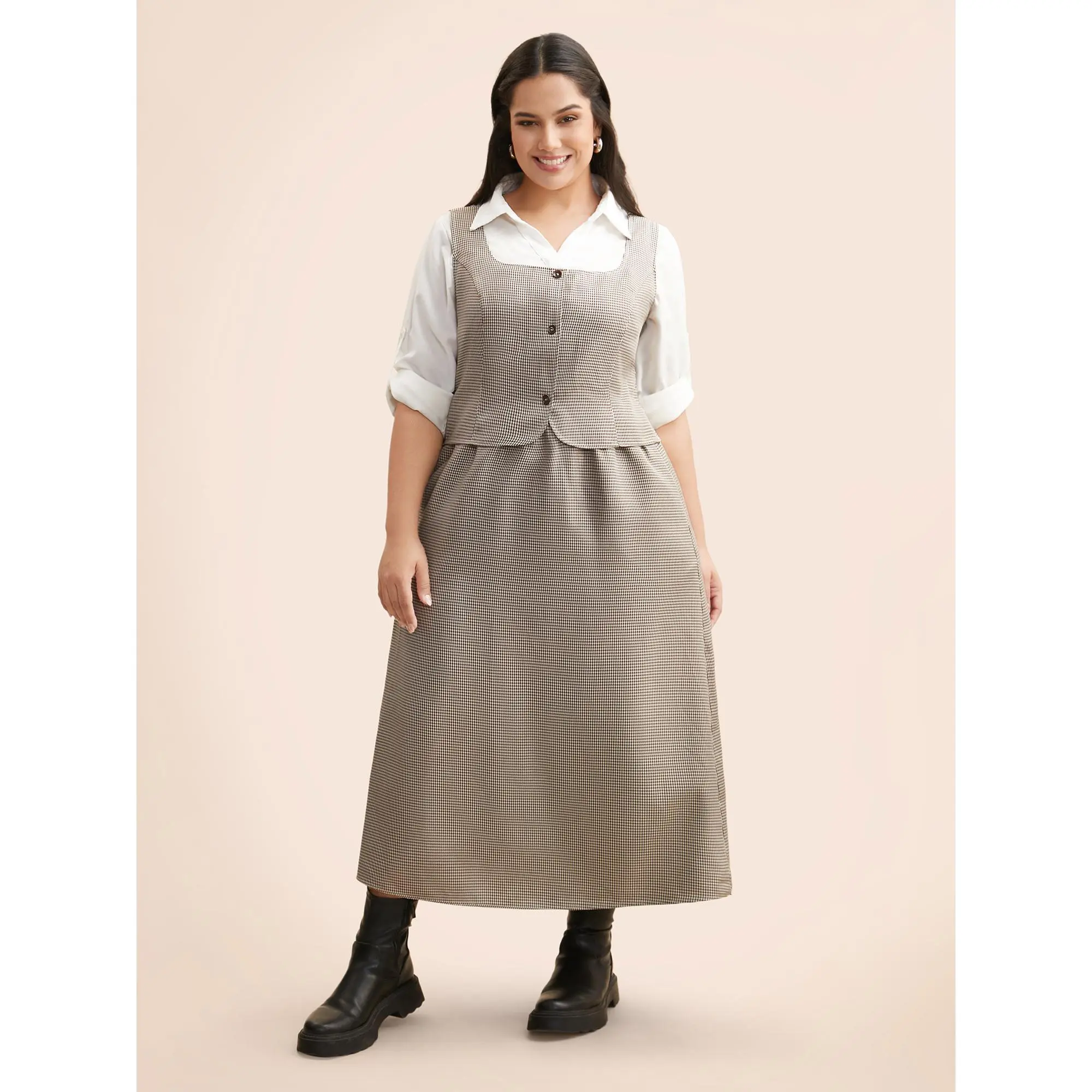 Women's Houndstooth Bodycon Midi Dress, a Square Neck Button-Front Garment for Business Casual Wear, Smooth Low Iron Polyester Fabric, Bodycon Fitted Dress, Lady
