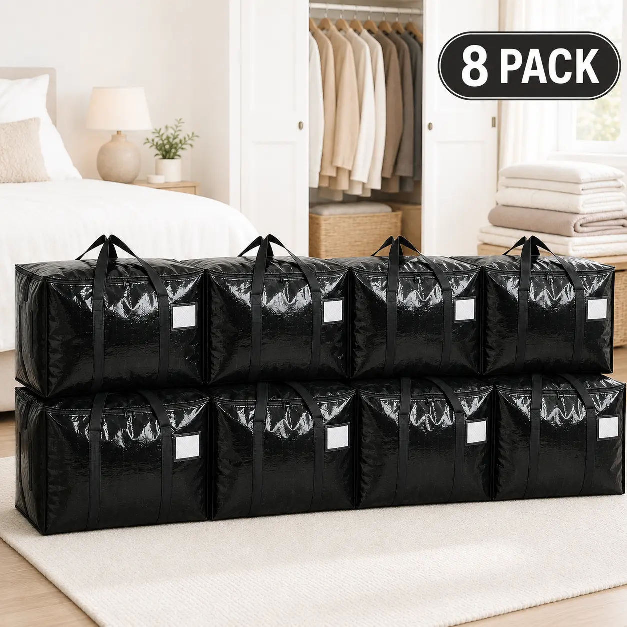 Collapsible Extra Large Storage Bags for Home Supplies, Bedroom Bedding - Heavy Duty Totes with Zippers, Strong Carry Handles, Label Pocket for Home Organization, Garage, With Handle