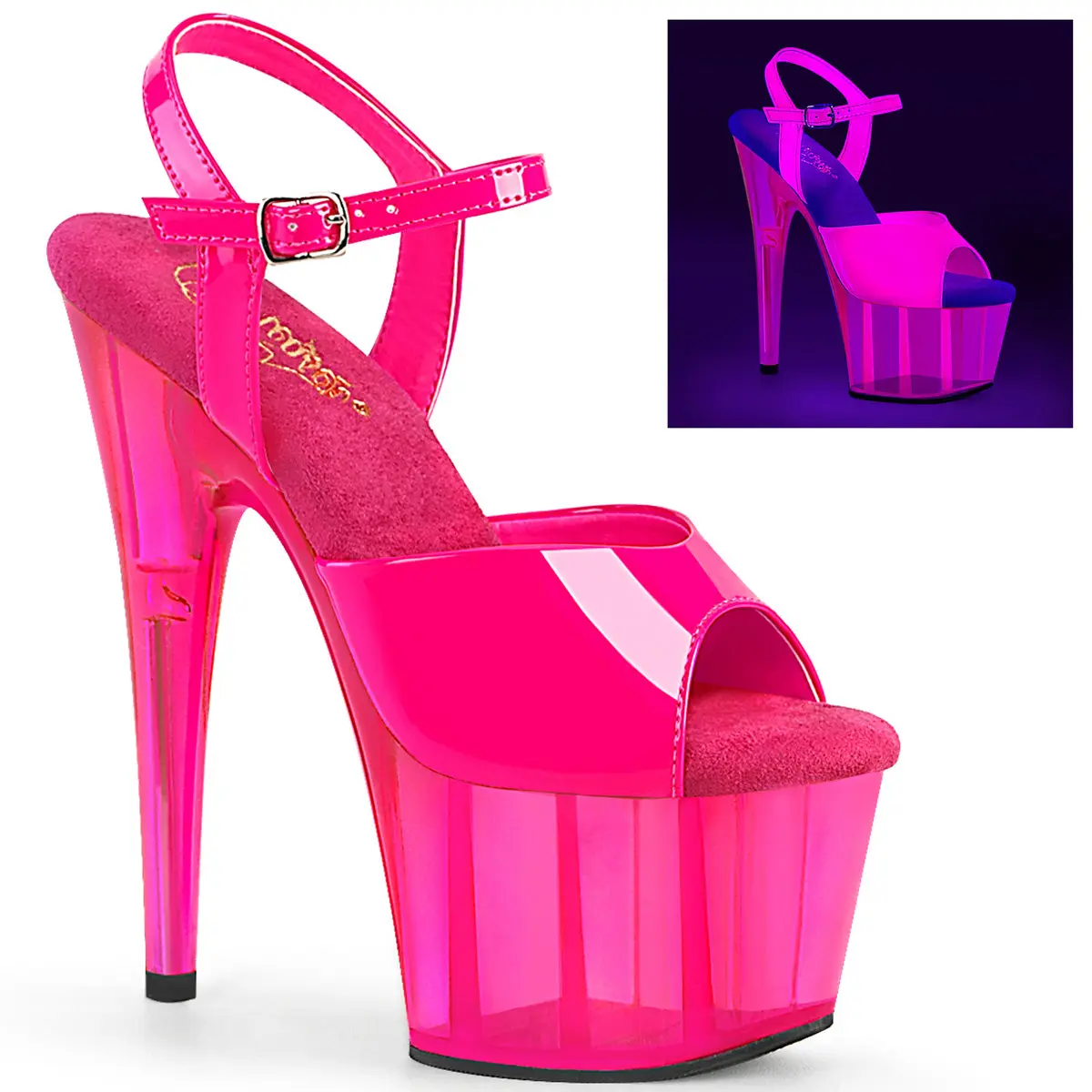 Pleaser Platform Sandals for Women, Adore-709UVT Ankle Strap Open Toe 7" High Heels with a Blacklight Reactive Upper, Shoe, Heeled, Footwear