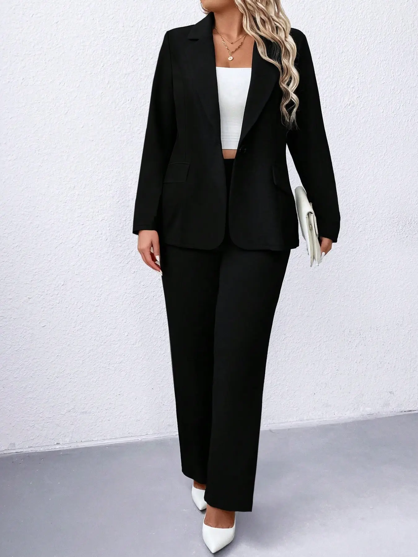 Plus Size Women's Suit Set Fit, Basic Lapel Button Blazer + High Waist Wide Leg Pants, Stretchy Comfortable Fabric, Elegant Office Wear, Office Casual Chic Elegant Minimalist Style, Formal Office Suit