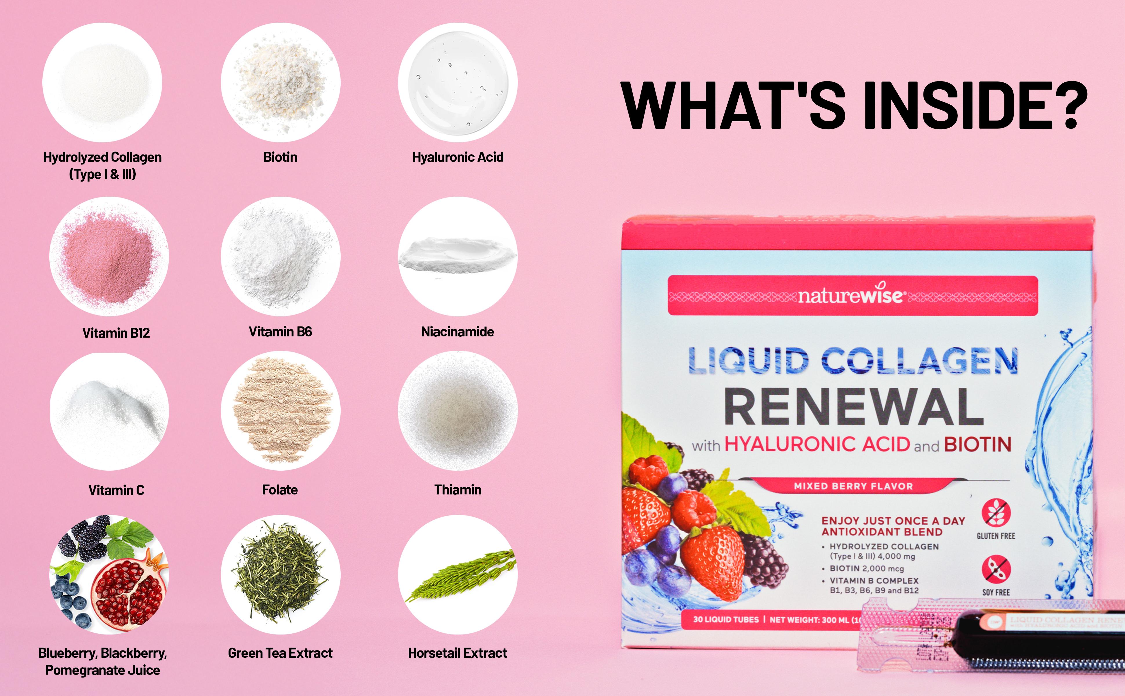 NatureWise Liquid Collagen Renewal - Hydrolyzed Liquid Collagen for Women & Men 4000mg - High Absorption Liquid Collagen Drink - Type 1 & 3 Peptides + Biotin + Vitamin C + Vitamin B Complex & Hyaluronic Acid - Mixed Berry/Mango Flavor - Beauty Supplement