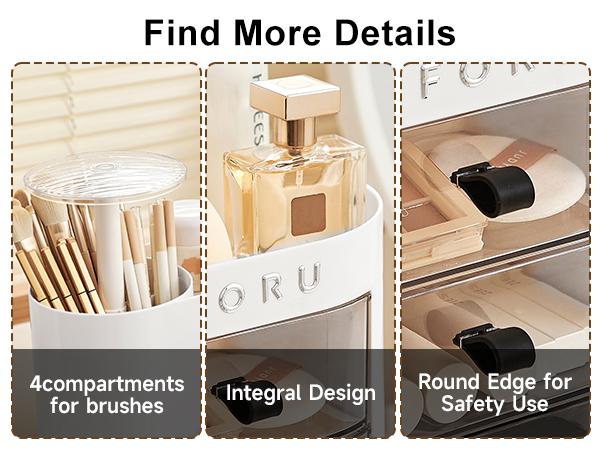 UFORU Makeup Organizer with Drawers for Vanity, 4 Slot Brush Holder with One Touch Open,Spacious Cosmetic Storage for Dresser Vanity and Bathroom Countertop, Beauty Holder for Lipstick Skincare,White Boxes, jewelry organizer