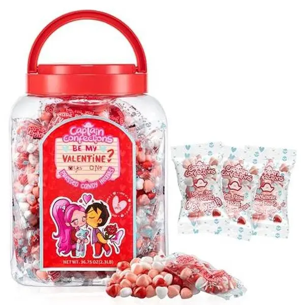 Candy Hearts 35 Mini Pouches with Cute Sayings, Individual Bags of Heart Shaped Candy, Valentine’s Day Heart Candy by Captain Confections (35x1oz/30g)