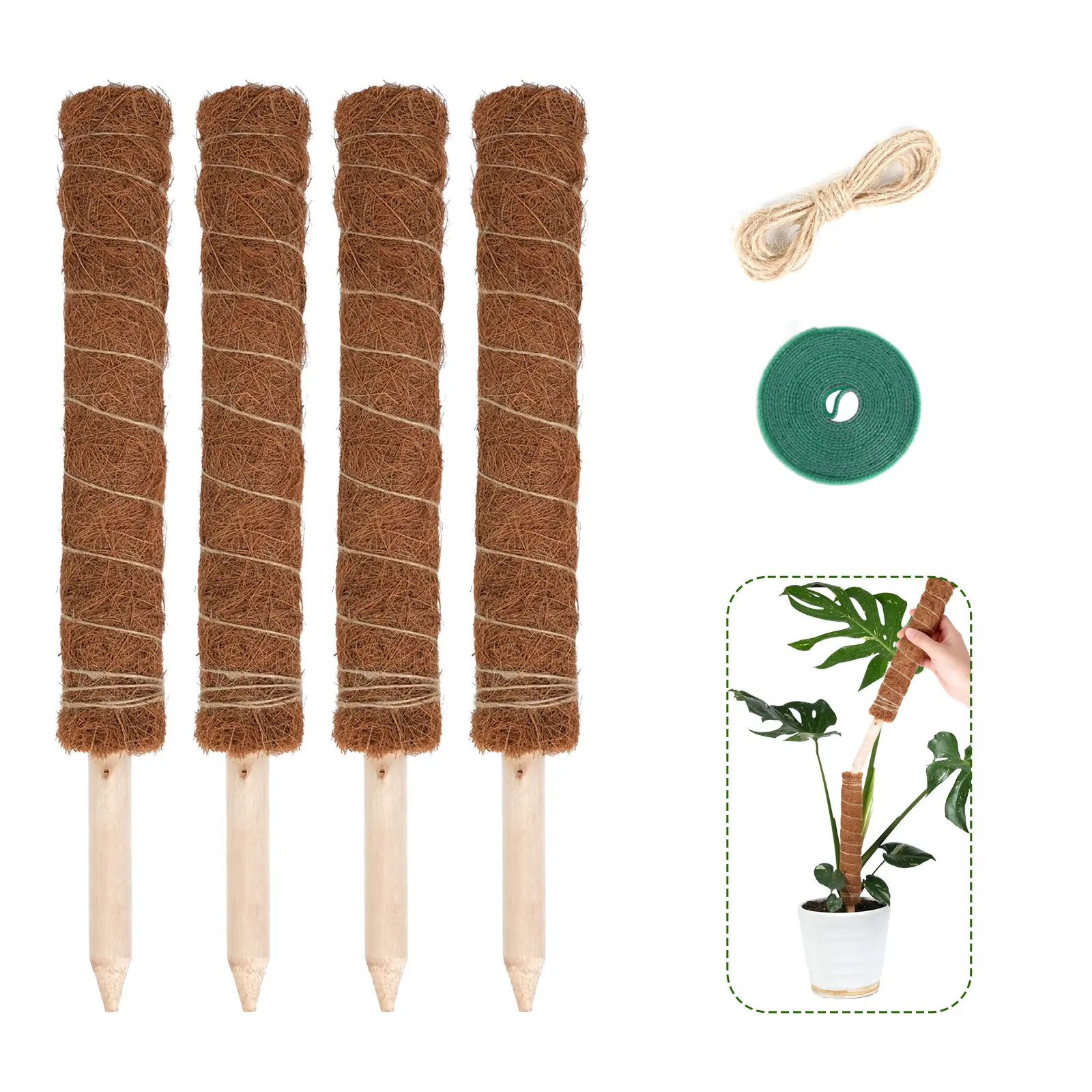 Bamworld Coconut Coir Totem Moss Pole - 46.5cm Extendable Plant Support Stakes, Hollow Center for Targeted Root Zone, 2m Strong Adhesive, All-Inclusive Kit with Garden Accessories, Indoor Plants Holders with Natural Jute Rope