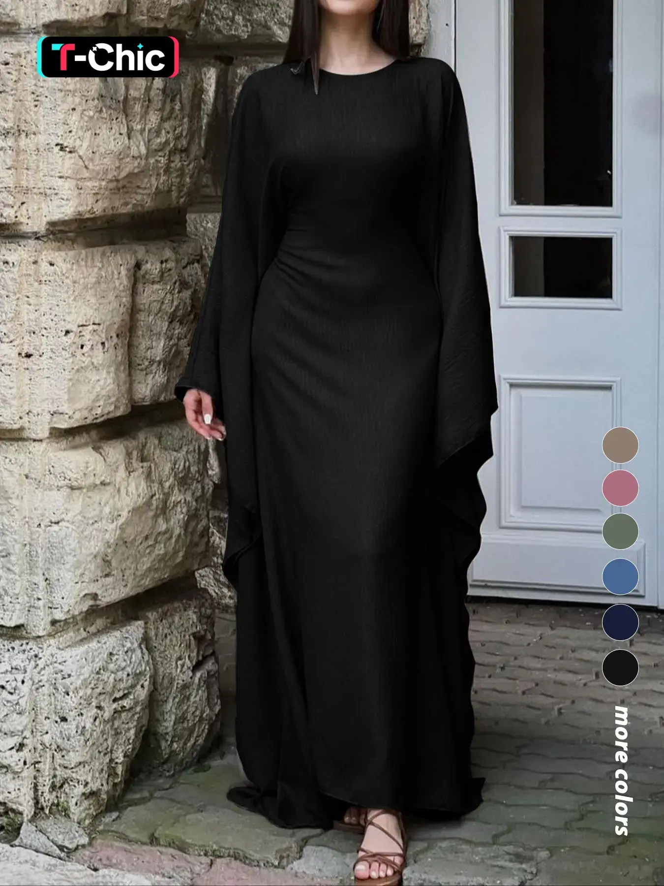 Women's Solid Color Loose-Fitting Batwing-Sleeve Long Dress, Casual Everyday Wear, Casual Daily Outfit, Womenswear, Minimalist Chic Summer Woven Fabric Dress, Perfect for Relaxed Outings