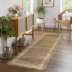 2 x 6 ft Polyester Light Brown Rectangular Machine Washable Geometric Bordered Laundry Bathroom Kitchen Machine Washable Runner Rug