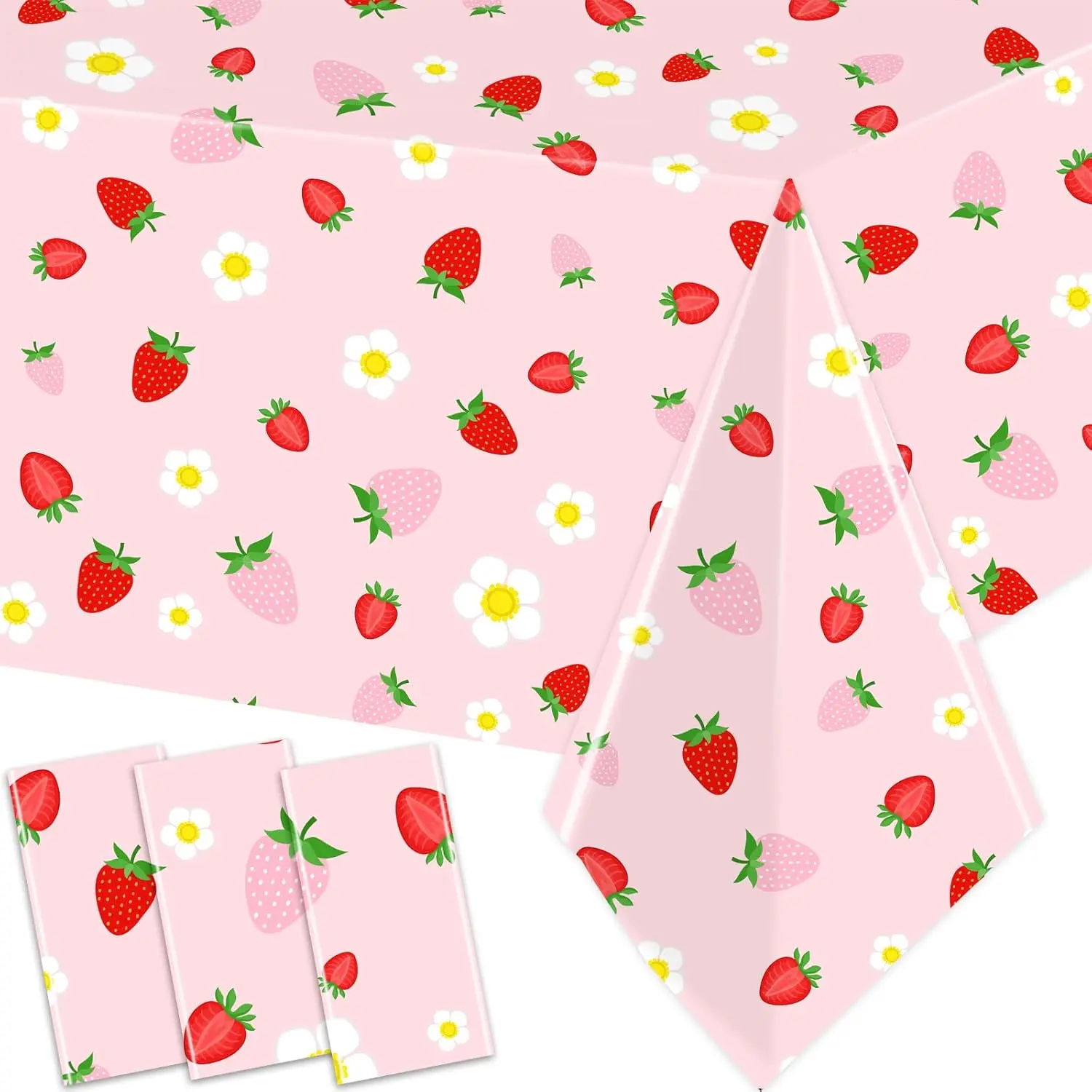 3-Pack Plastic Strawberry Themed Rectangle Tablecloths - Durable, Fade-Resistant, Modern Patterned, Light, Festive, Wipe-Clean, 130x220cm (51 x 86.6 inches), All Seasons Girls' Birthday Decor, Household Kitchen Linens