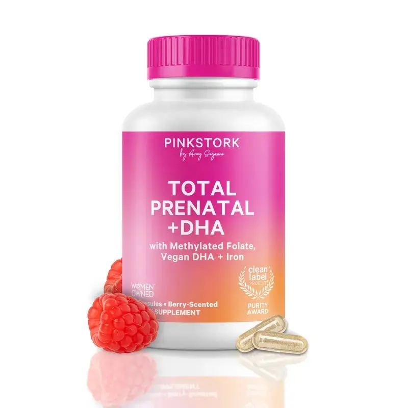 Pink Stork Prenatal Vitamins | Clean Label Award | DHA, Iron, Methylated Folate, B6, B12, Choline, Vitamin D | 60 Capsules, 1 Month Supply