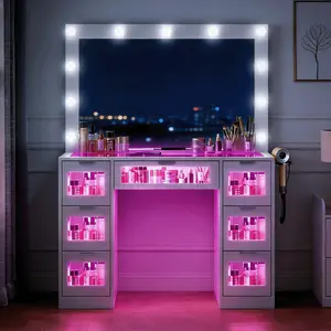 HUAYING Vanity Desk with LED Mirror & RGB Lights, Makeup Vanity Table with Charging Station & 7 Drawers, Dressing Table for Bedroom