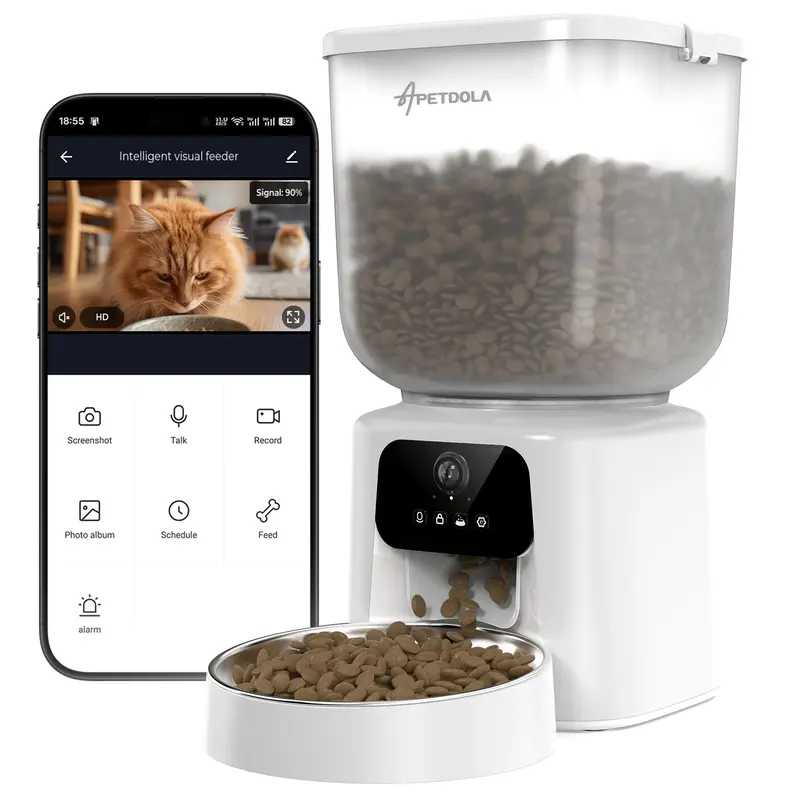 Apetdola 5L Automatic Cat Feeder with Camera - 5V DC USB-Powered, Easy-Clean ABS Body & Materials, 2-Way Audio, App Controls & Live Video Monitoring, 2.4g Timer, 1-20 Portions/Meal, Desiccant Bag Pet Food Dispenser, 1-20 Portions Per Meal