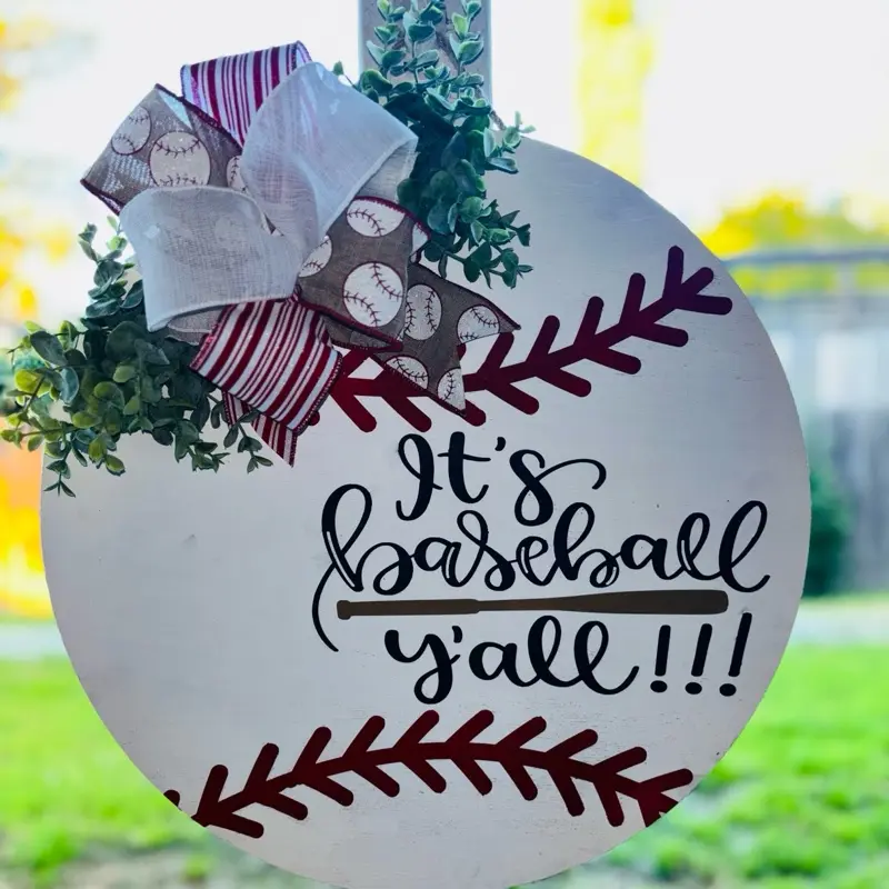 It's Baseball Y'all Wooden Door Hanger with Baseball Design and Bow