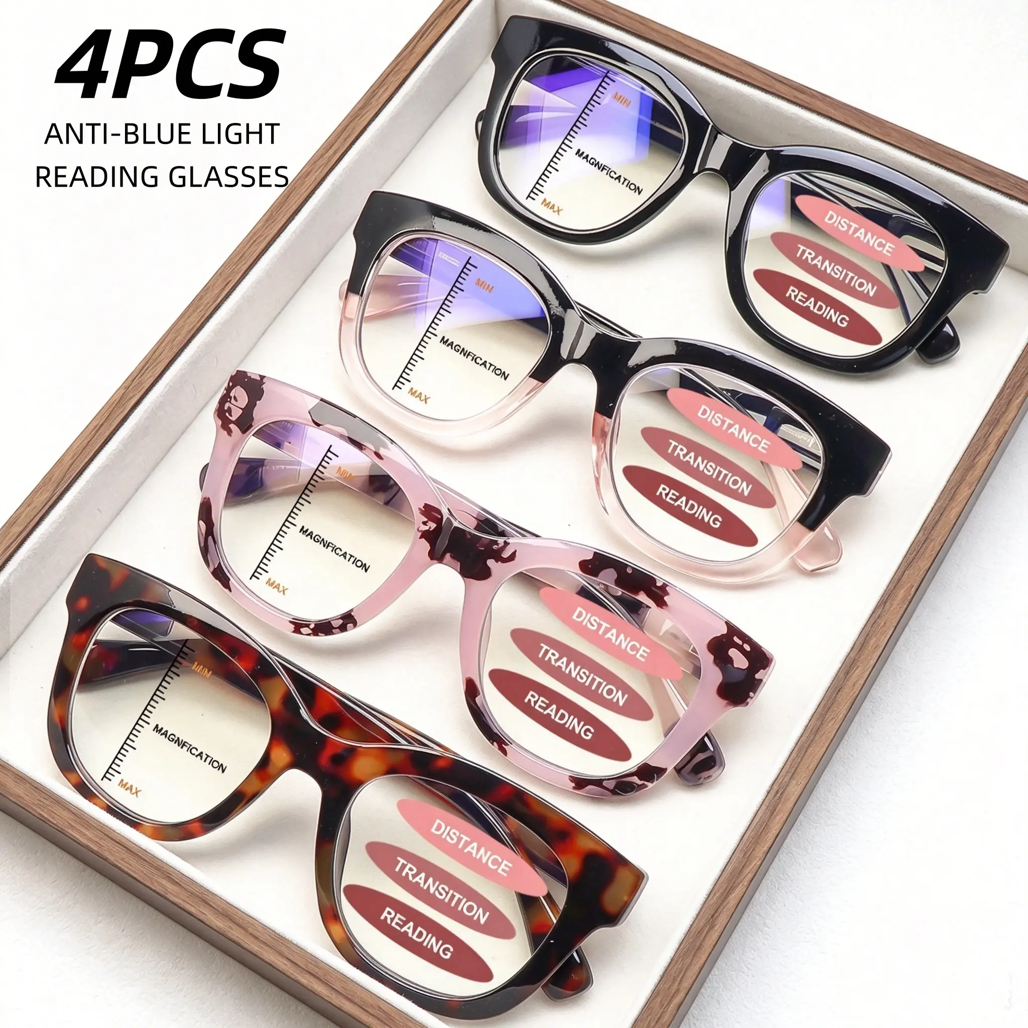 4 Pack Womens Reading Glasses Progressive Multifocal Blue Light Blocking Oval Frame Fashion Pattern Spring Hinges Daily Eyeglasses Black Mix Color