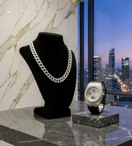 Men’s Iced Jewelry Set | Miami Cuban Chain Necklace + Iced-Out Watch Jewellery Gift Set